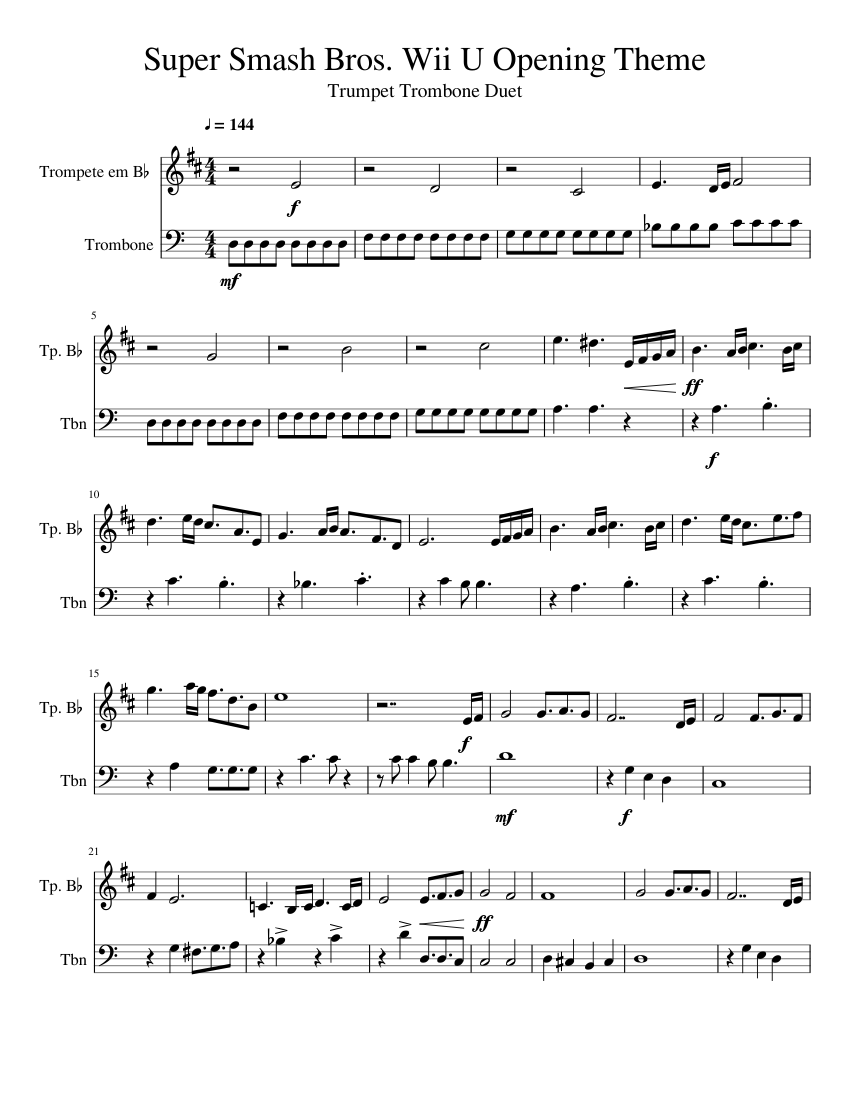 Super Smash Bros Wii U Opening Theme Trumpet Trombone Duet Sheet music for  Trombone, Trumpet in b-flat (Mixed Duet) | Musescore.com