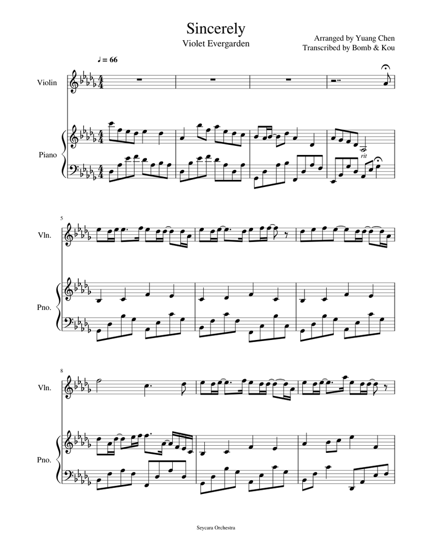 Sincerely Violet Evergarden Op Sheet Music For Piano Violin Solo Musescore Com