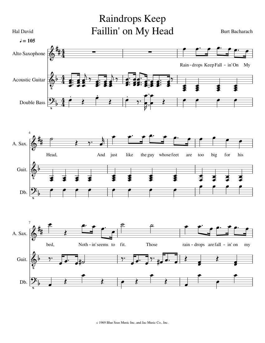 Raindrops Keep Fallin' on My Head Sheet music for Saxophone alto,  Contrabass, Guitar (Mixed Trio) | Musescore.com