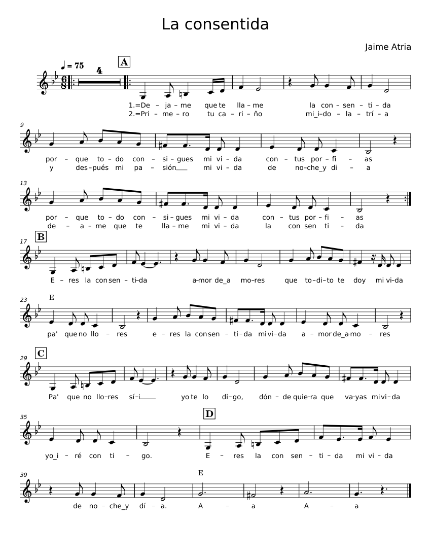 La Consentida - Jaime Atria Sheet Music with Chords for Vocals (Solo ...