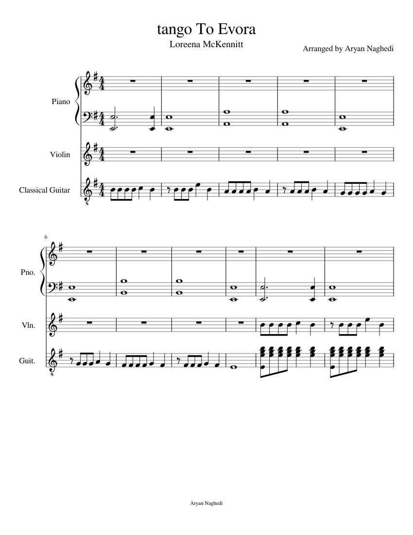 Tango To Evora Sheet music for Piano, Violin, Guitar (Mixed Quartet) |  Musescore.com