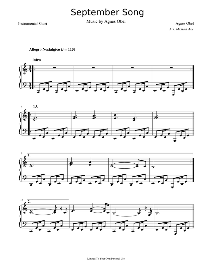 September Song - Agnes Obel Sheet music for Piano (Solo) | Musescore.com