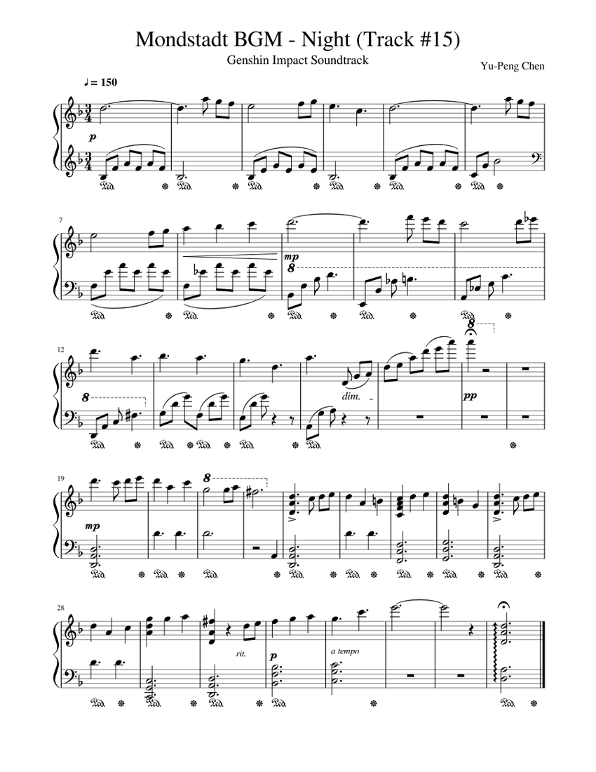 Genshin Impact - Mondstadt Night (Track #15) Sheet music for Piano (Solo) |  Musescore.com