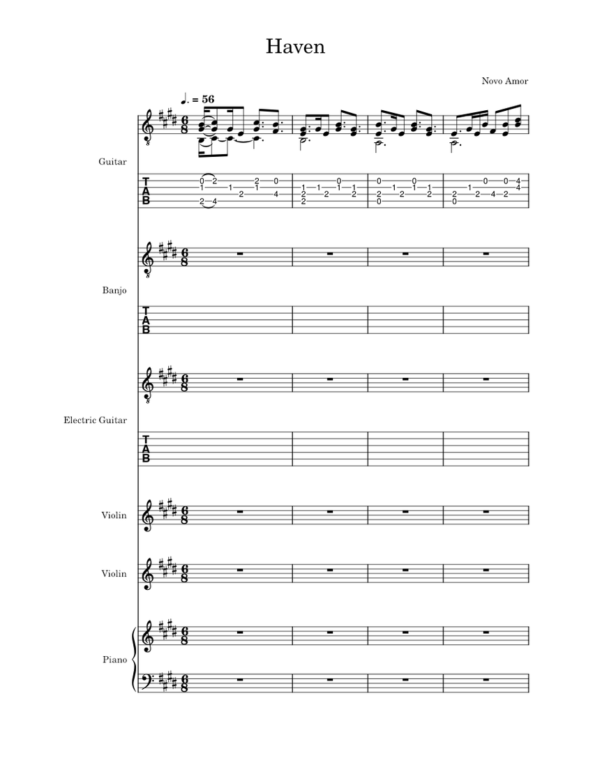 Haven Novo Amor Sheet music for Piano, Violin, Guitar, Banjo (Mixed