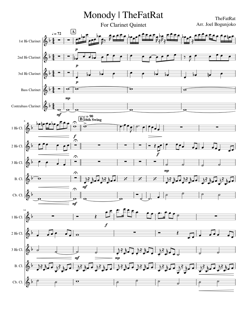 Monody Thefatrat Uniquaria Sounds Arr Sheet Music For Clarinet In B Flat Clarinet Bass