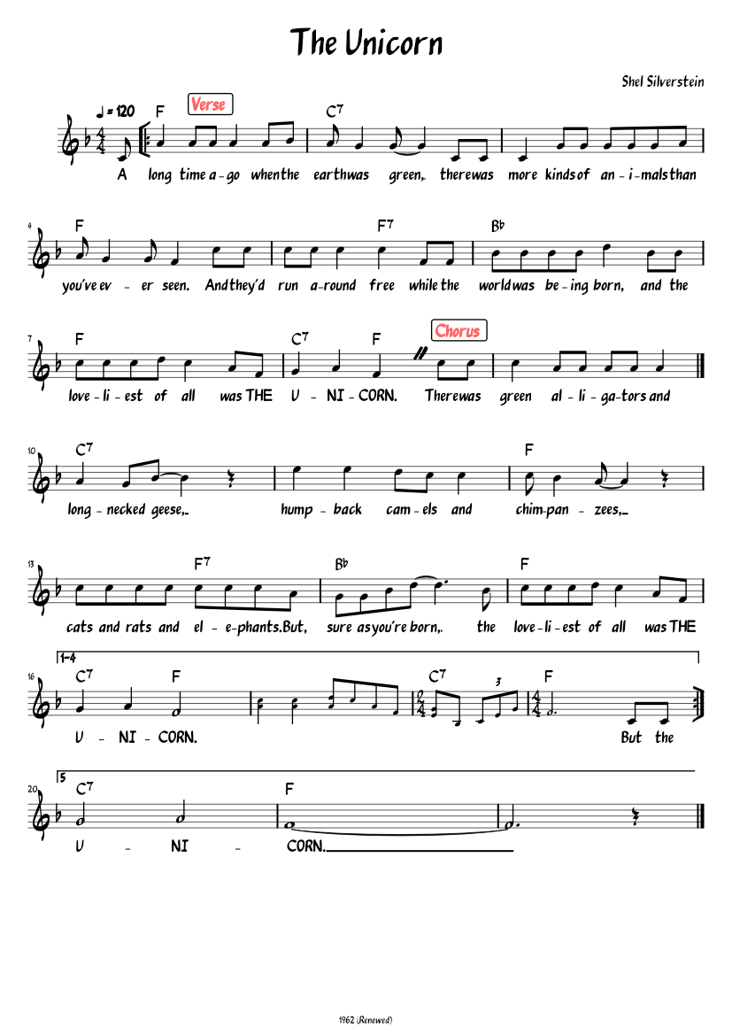 The Unicorn (Lead sheet with lyrics ) Sheet music for