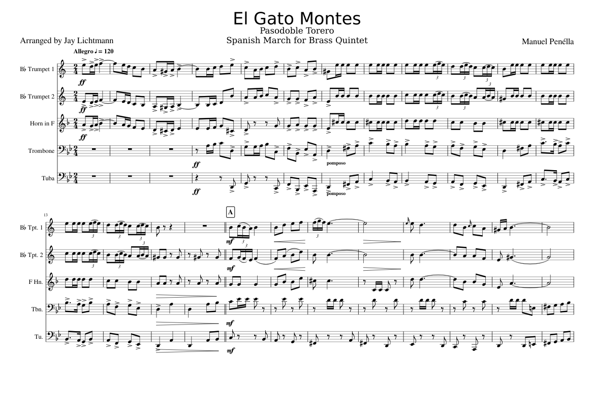 El Gato Montes Sheet music for Trombone, Tuba, Trumpet in b-flat, French  horn (Brass Quintet) | Musescore.com