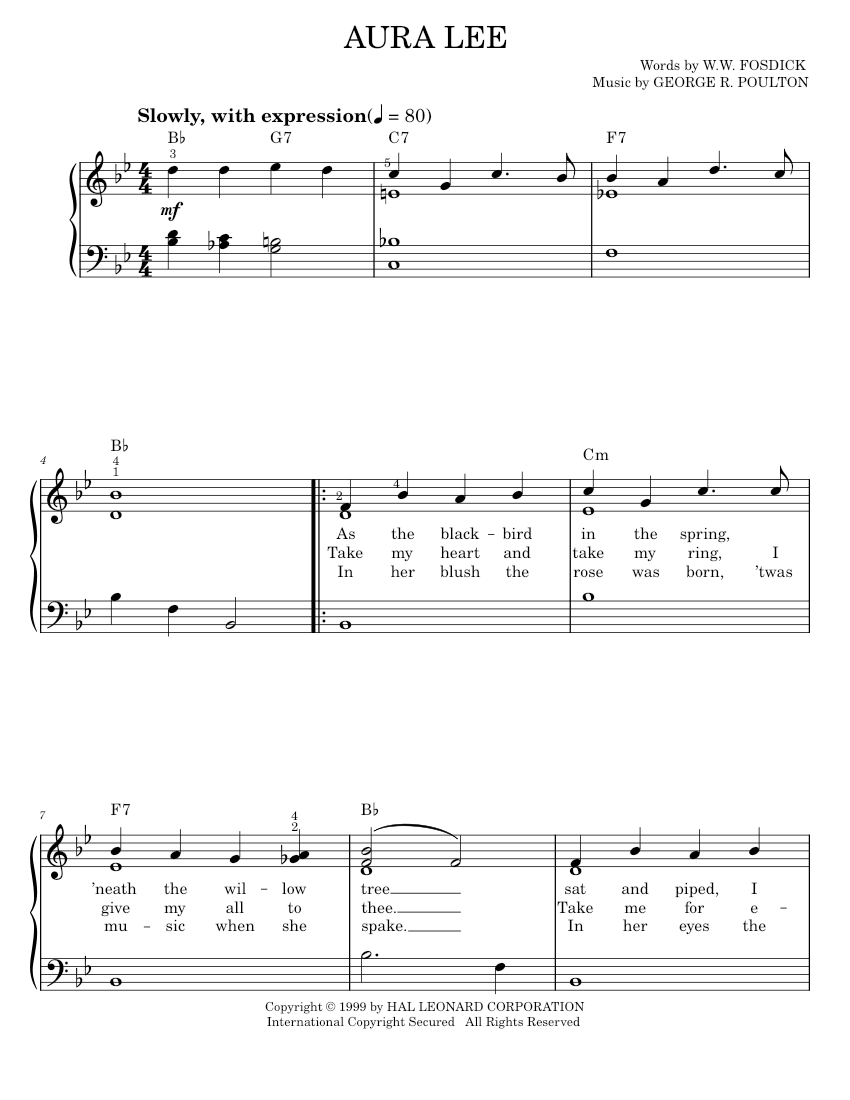 Play Official version of Aura Lee Sheet Music by George R. Poulton, W.W