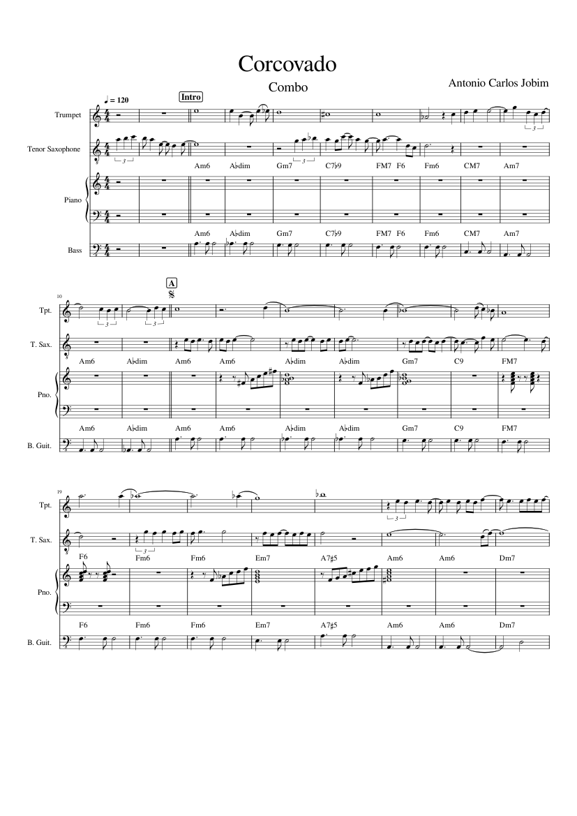 Corcovado combo Sheet music for Piano, Saxophone tenor, Bass guitar