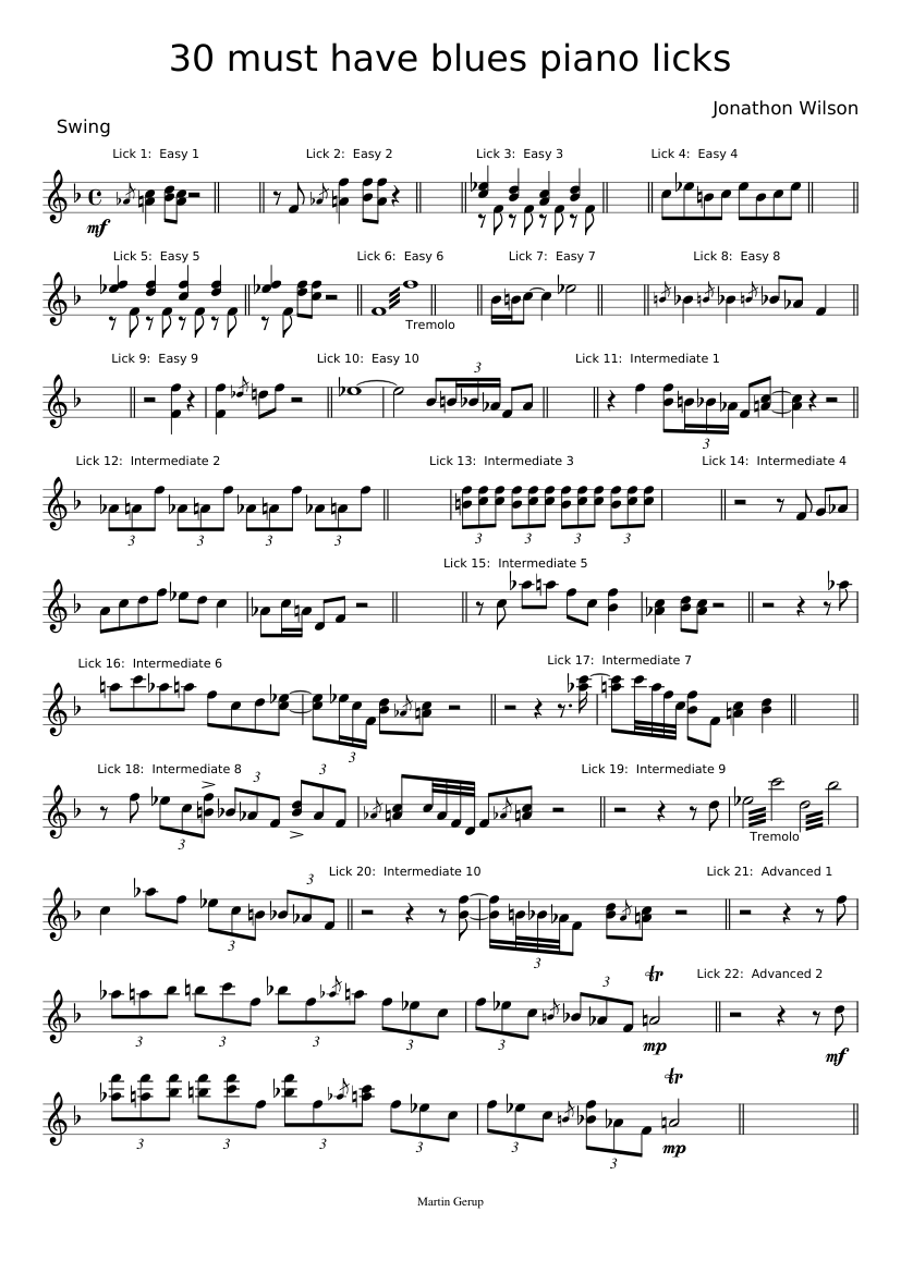 30 must have blues piano licks adapted by Jonathon Wilson Sheet music for  Piano (Solo) | Musescore.com