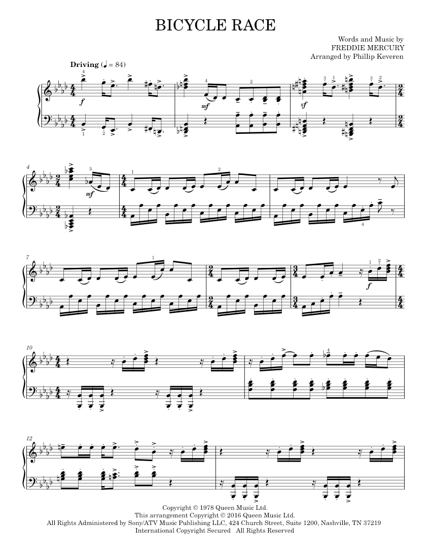 Bicycle Race [Classical version] (arr. Phillip Keveren) Sheet music for ...