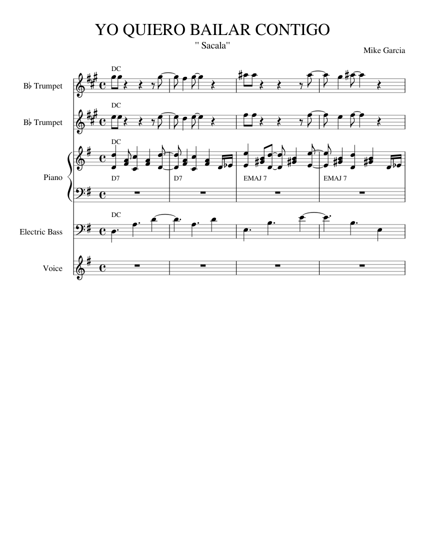 YO QUIERO BAILAR CONTIGO Sheet music for Piano, Vocals, Trumpet in b-flat,  Bass guitar (Mixed Quintet) | Musescore.com