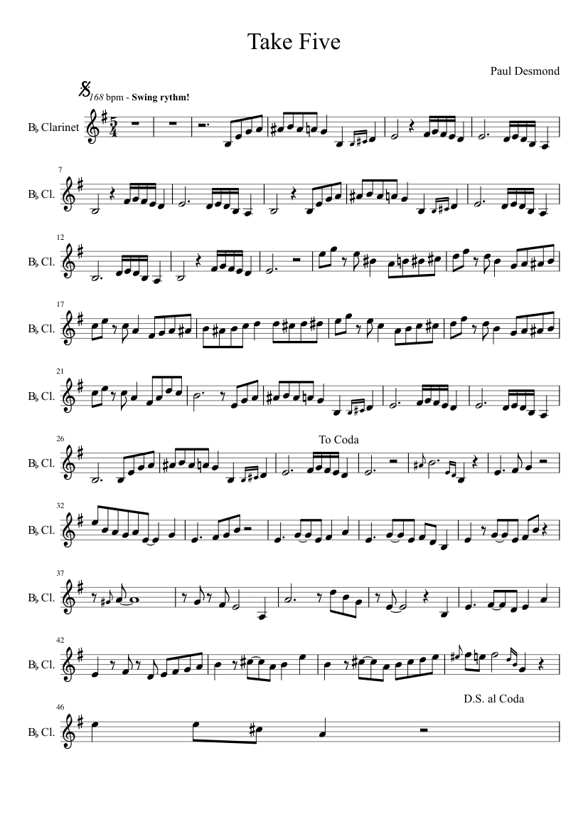 Take five for clarinet by Dave Brubeck Sheet Music for Woodwinds