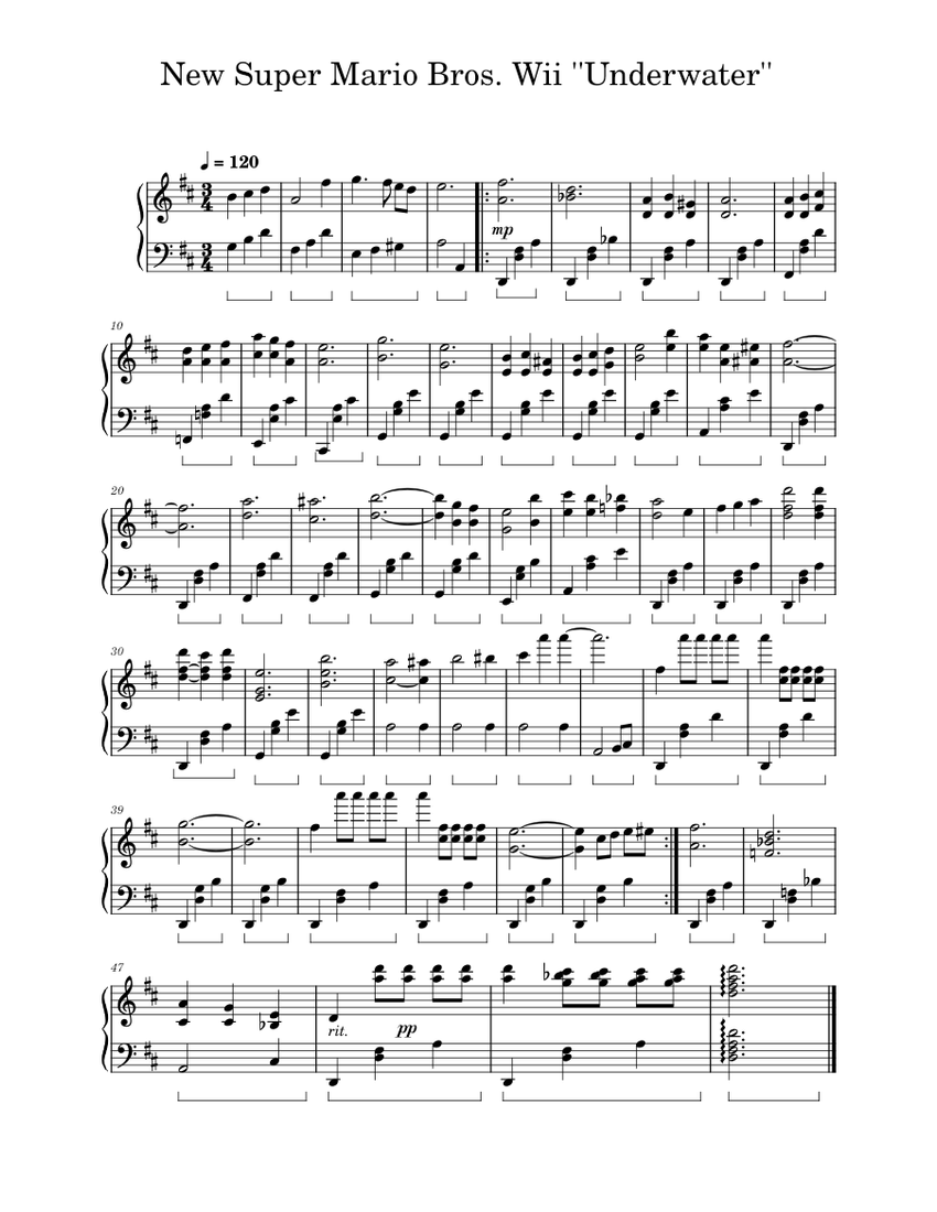 New Super Mario Bros. Wii ''Underwater'' Sheet music for Piano (Solo ...