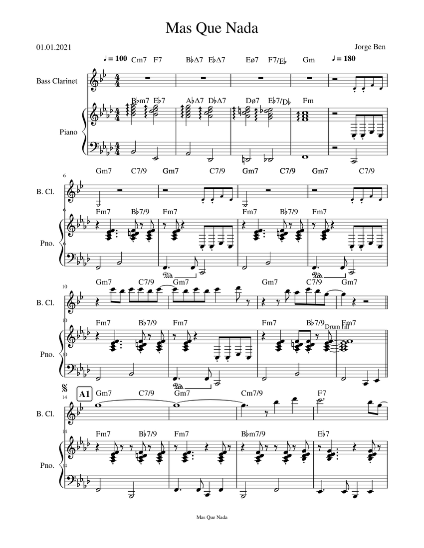 Mas Que Nada by Jorge Ben from Sergio Mendes Sheet music for Piano,  Clarinet bass (Solo) | Musescore.com