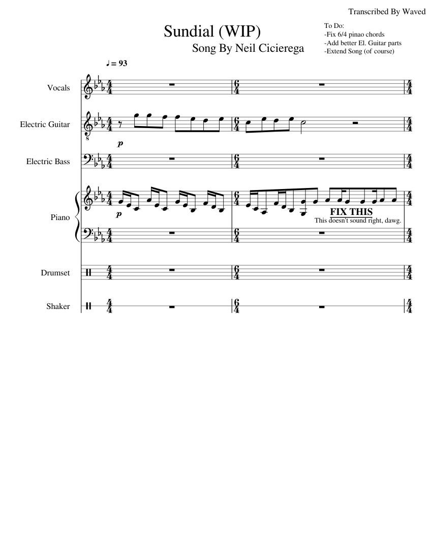 Lemon Demon - Sundial (WIP) Sheet music for Piano, Guitar, Bass