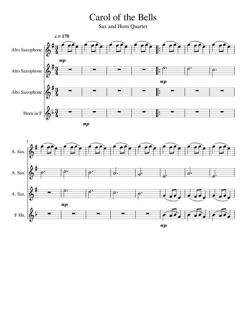Carol of the Bells Alto and Horn Quartet Sheet music for Saxophone alto ...
