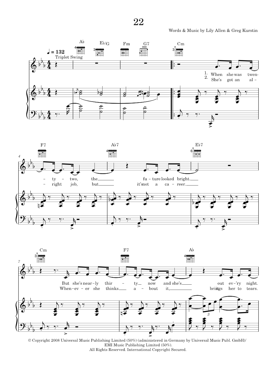 Play Official version of 22 Sheet Music by Lily Allen for Piano, Vocals ...