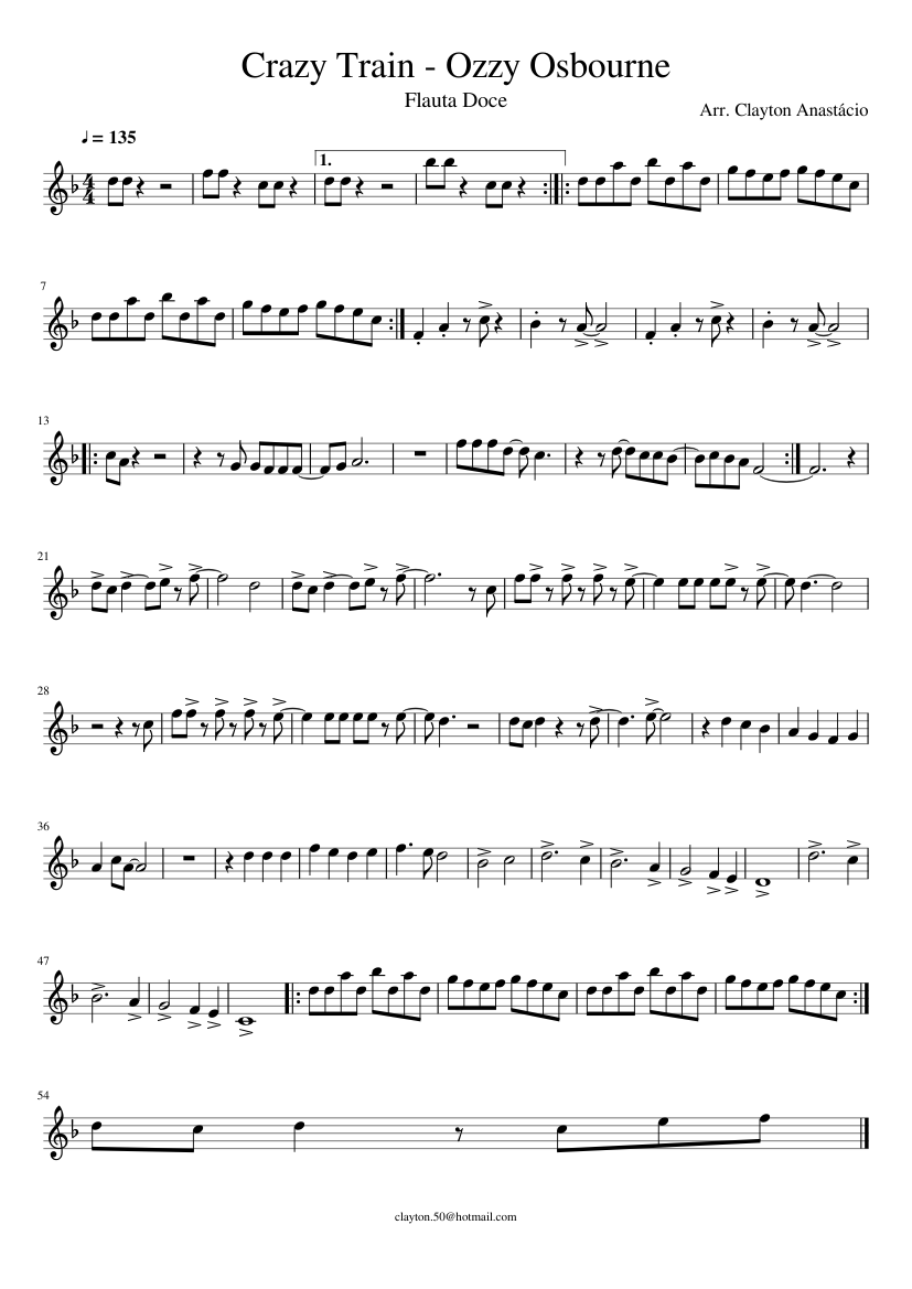 Crazy Train - Score Recorder - Partitura Flauta Doce Sheet Music