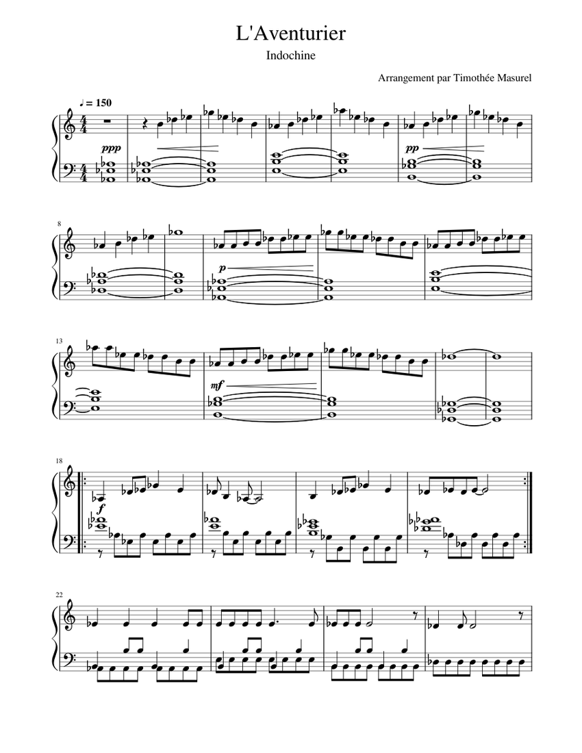 L'Aventurier (Indochine) - piano solo Sheet music for Piano (Solo) |  Musescore.com