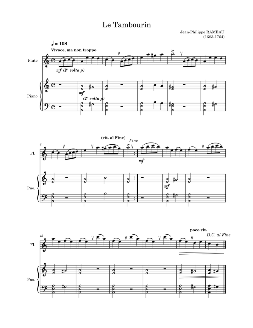 Le Tambourin – Jean-Philippe Rameau Sheet music for Piano, Flute (Mixed  Duet) | Musescore.com