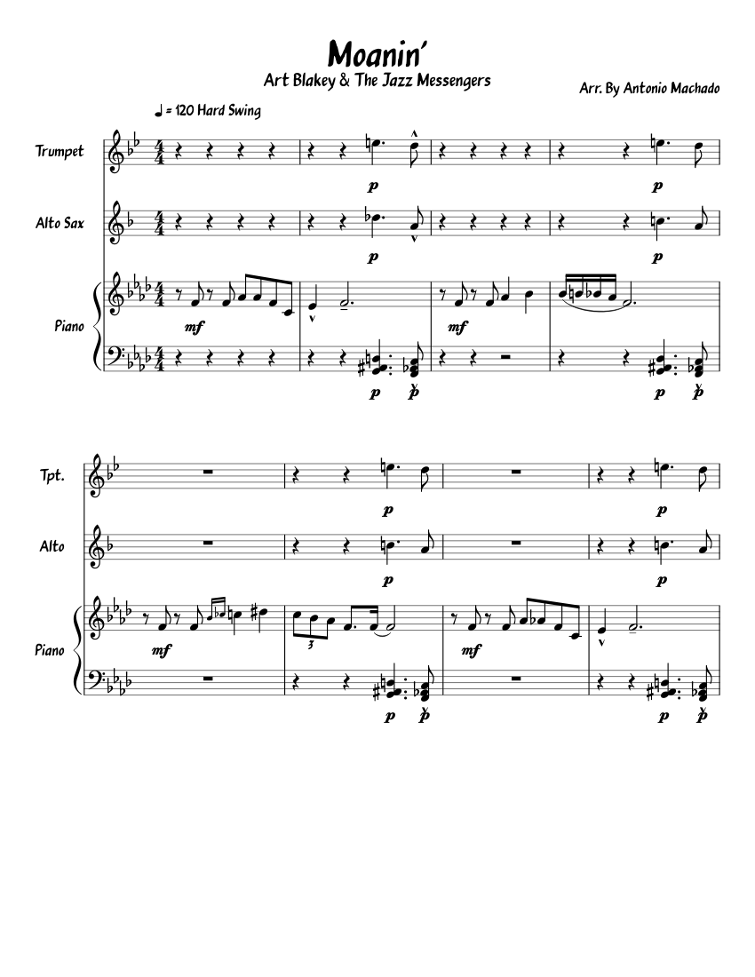 Moanin' Sheet music for Piano, Trombone, Saxophone alto, Saxophone