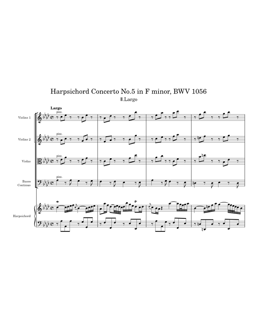 Johann Sebastian Bach - Harpsichord Concerto No.5 In F minor, BWV 1056 Ⅱ.Largo  Sheet music for Harpsichord, Violin, Viola, Cello (Mixed Quintet) |  Musescore.com