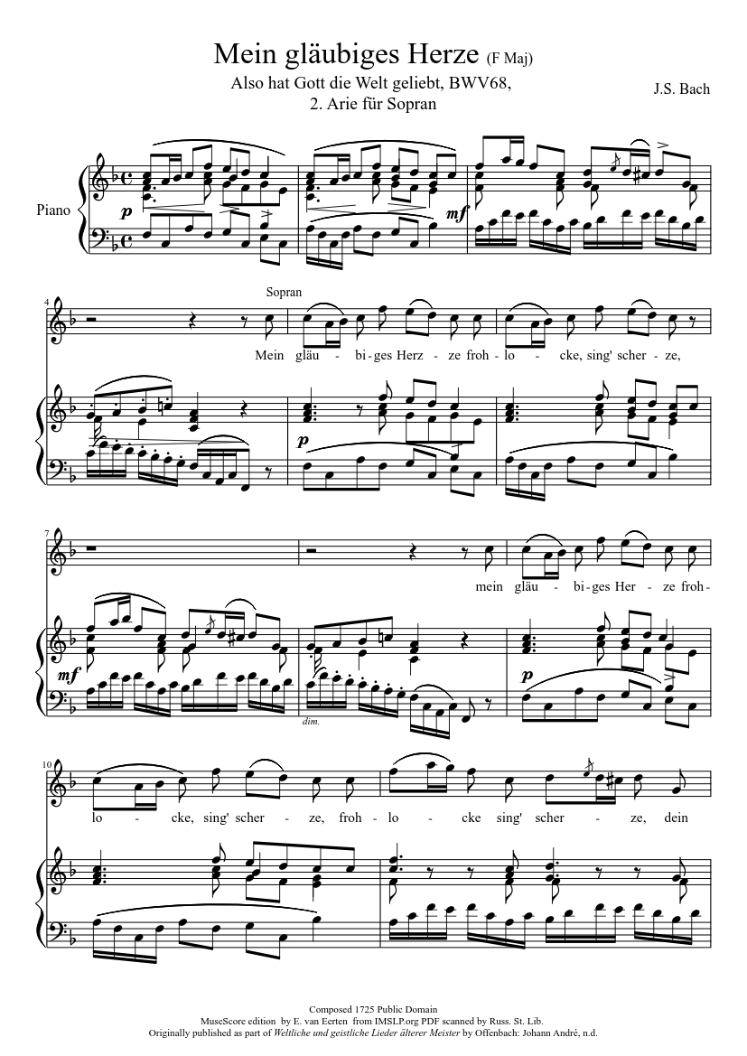 Mein Gläubiges Herze (BWV68 F Maj) Sheet music for Piano (Solo) |  Musescore.com