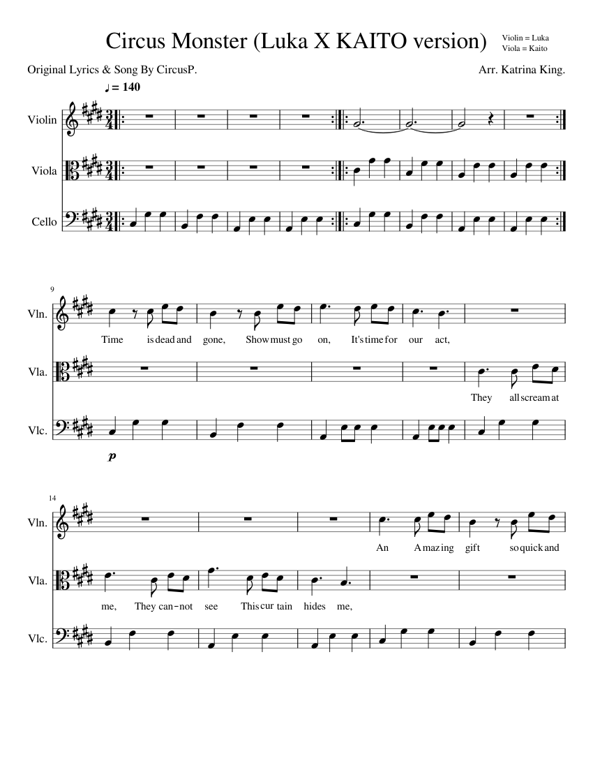 Circus Monster (Luka X KAITO version + lyrics) FINISHED Sheet music for  Violin, Viola, Cello (String Trio) | Musescore.com