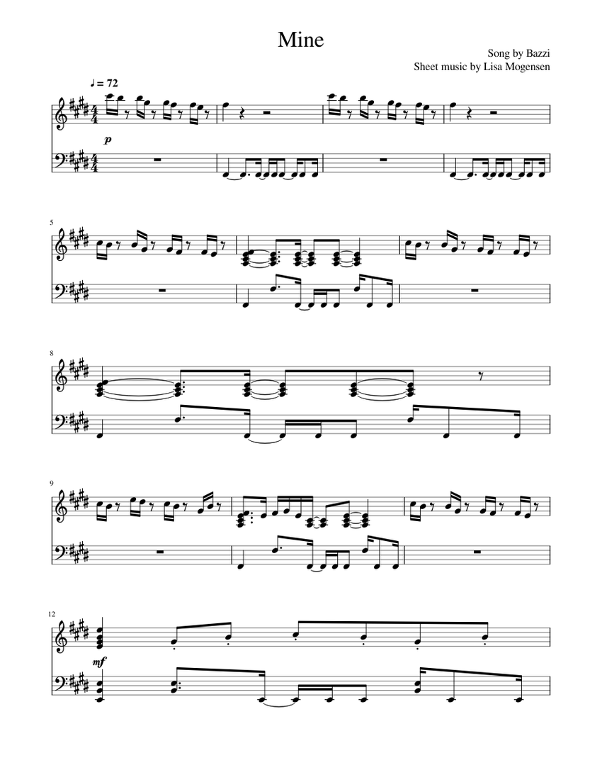 Mine By Bazzi Sheet Music For Piano Solo Musescore Com