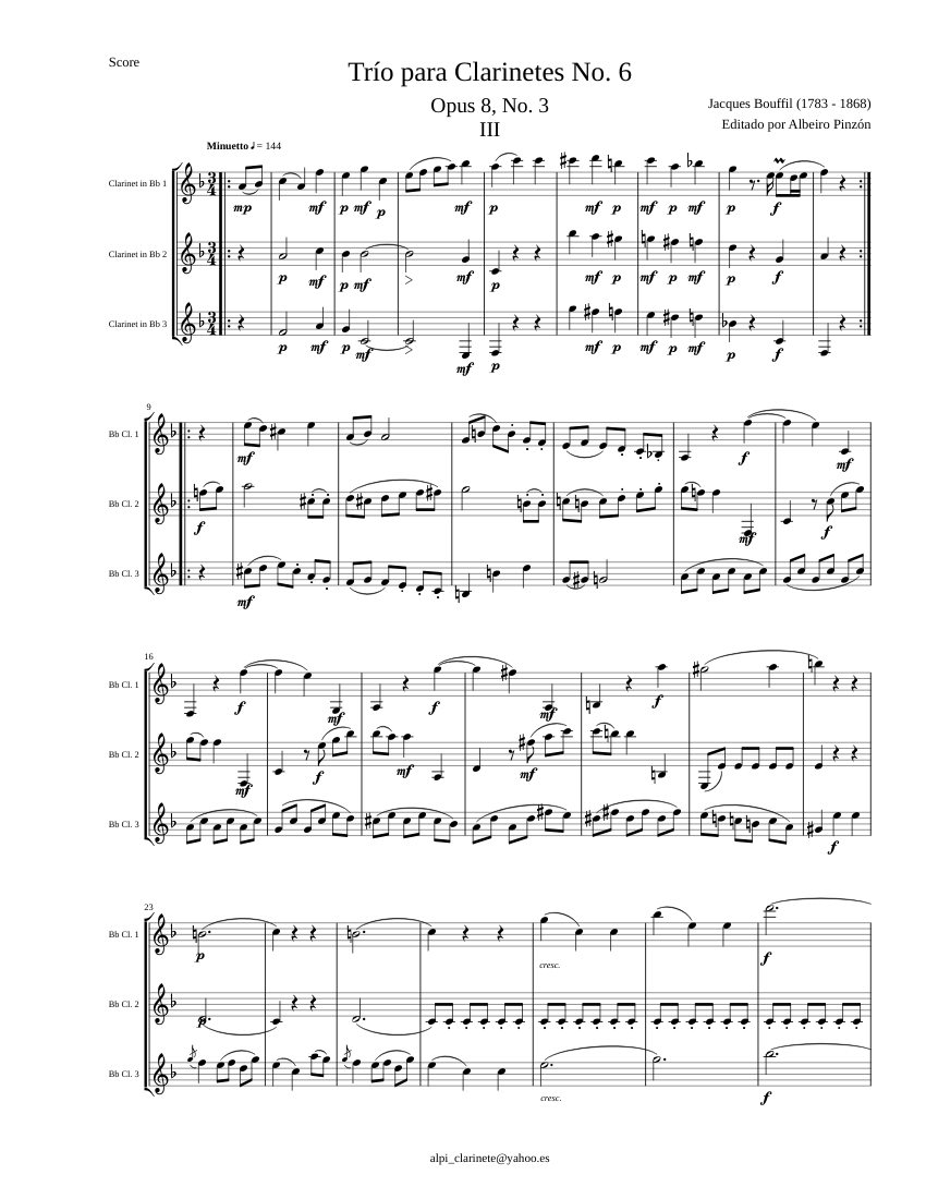 Trio para Clarinetes No. 6 3. Minuetto Sheet music for Clarinet in b ...