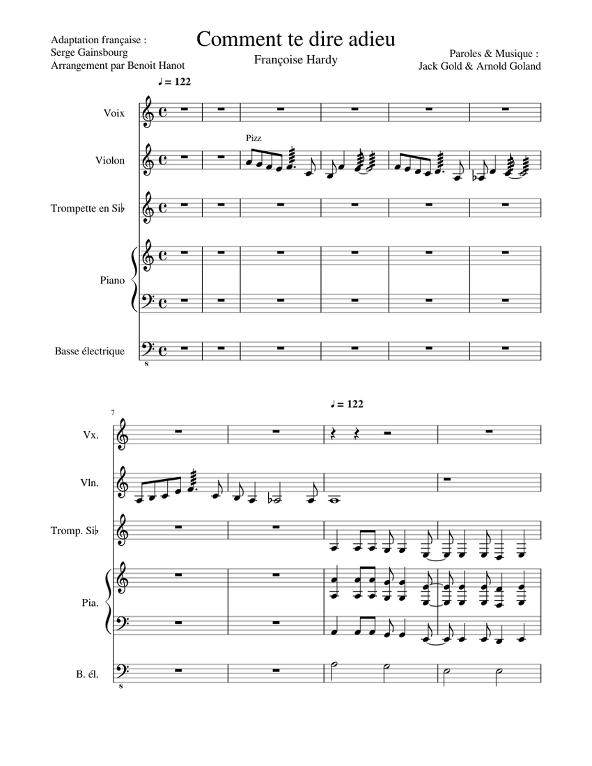 Comment Te Dire Adieu Sheet Music For Piano Vocals Trumpet In B Flat Violin Bass Guitar Mixed Quintet Download And Print In Pdf Or Midi Free Sheet Music Musescore Com