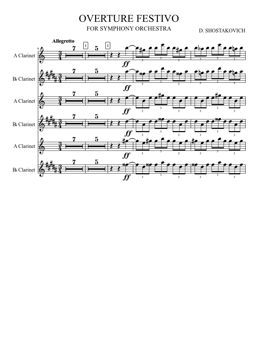 Festive Overture Clarinet Parts Sheet Music for Clarinet other