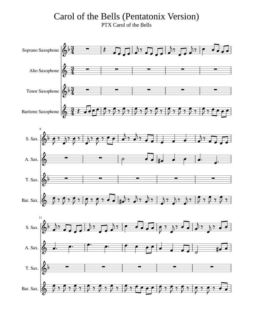 Carol of the Bells (Pentatonix Version) Sheet music for Saxophone alto ...