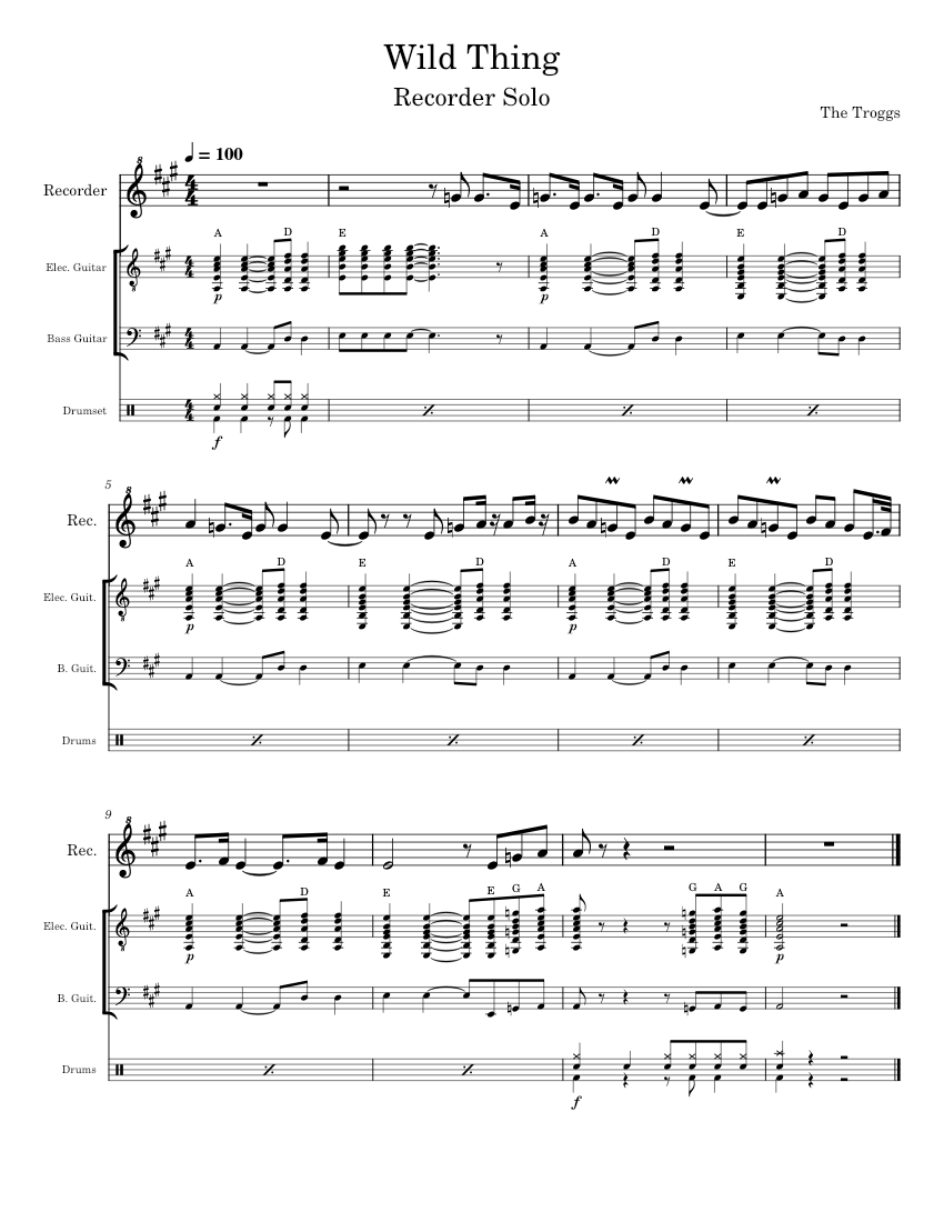 Wild Thing (Troggs) recorder solo Sheet music for Guitar, Bass guitar