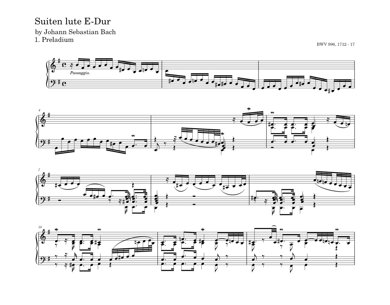 ヨハン・ゼバスティアン・バッハ：リュート組曲 ホ長調 BWV 996 楽譜
