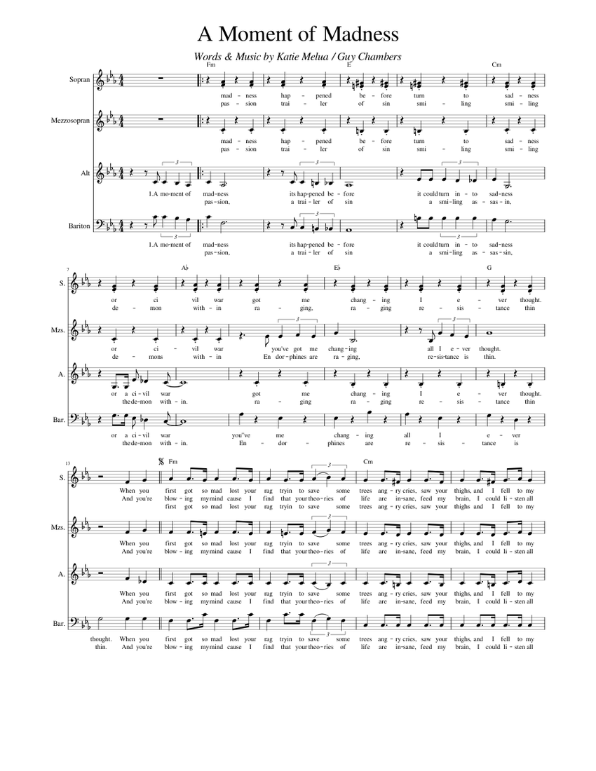 A Moment of Madness Sheet music for Soprano, Alto, Baritone, Mezzo soprano  (Choral) | Musescore.com