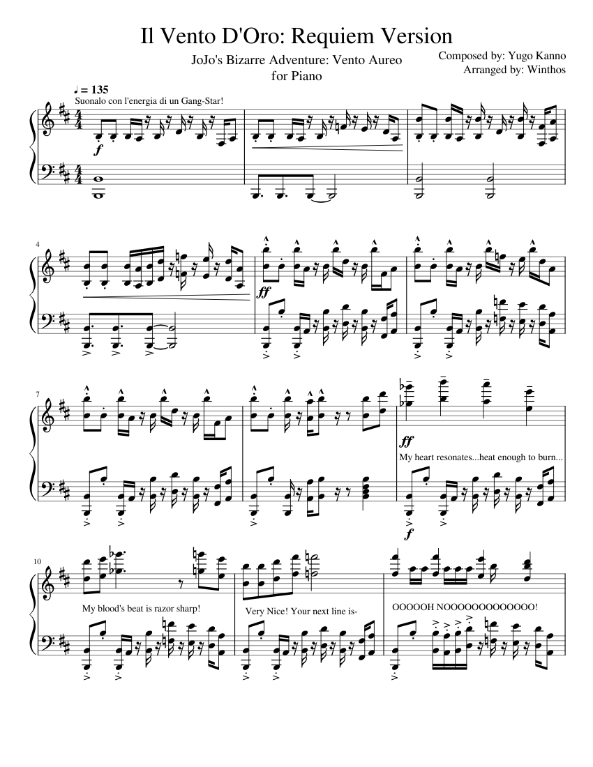 Il Vento D'Oro (Golden Wind): Requiem Version Sheet music for Piano (Solo)  | Musescore.com