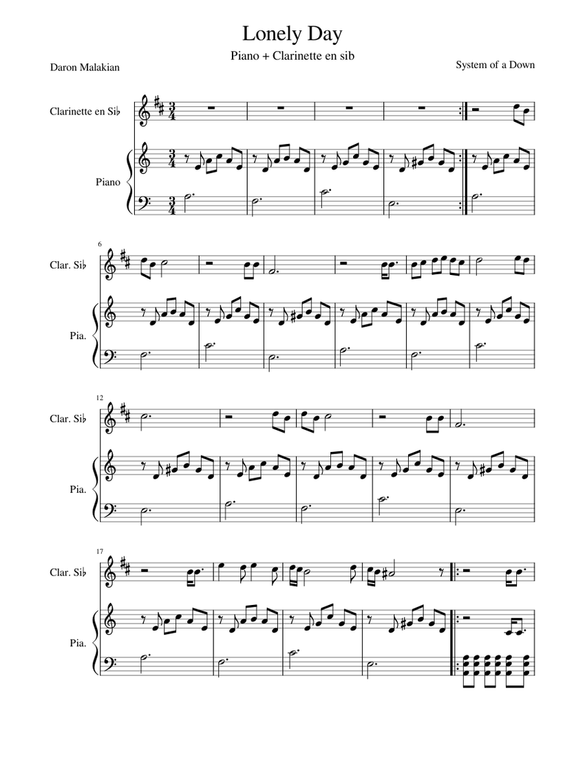 Lonely Day - System of a Down (Clarinette en sib + Piano) Sheet music for  Piano, Clarinet in b-flat (Mixed Duet) | Musescore.com