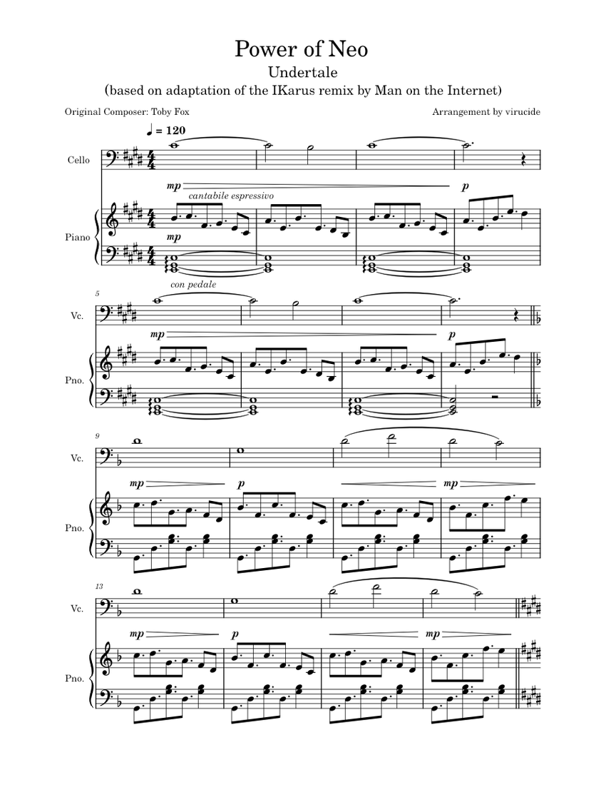 Power Of Neo Virucide Remix Toby Fox From Undertale Sheet Music For Cello Piano Mixed Duet Musescore Com