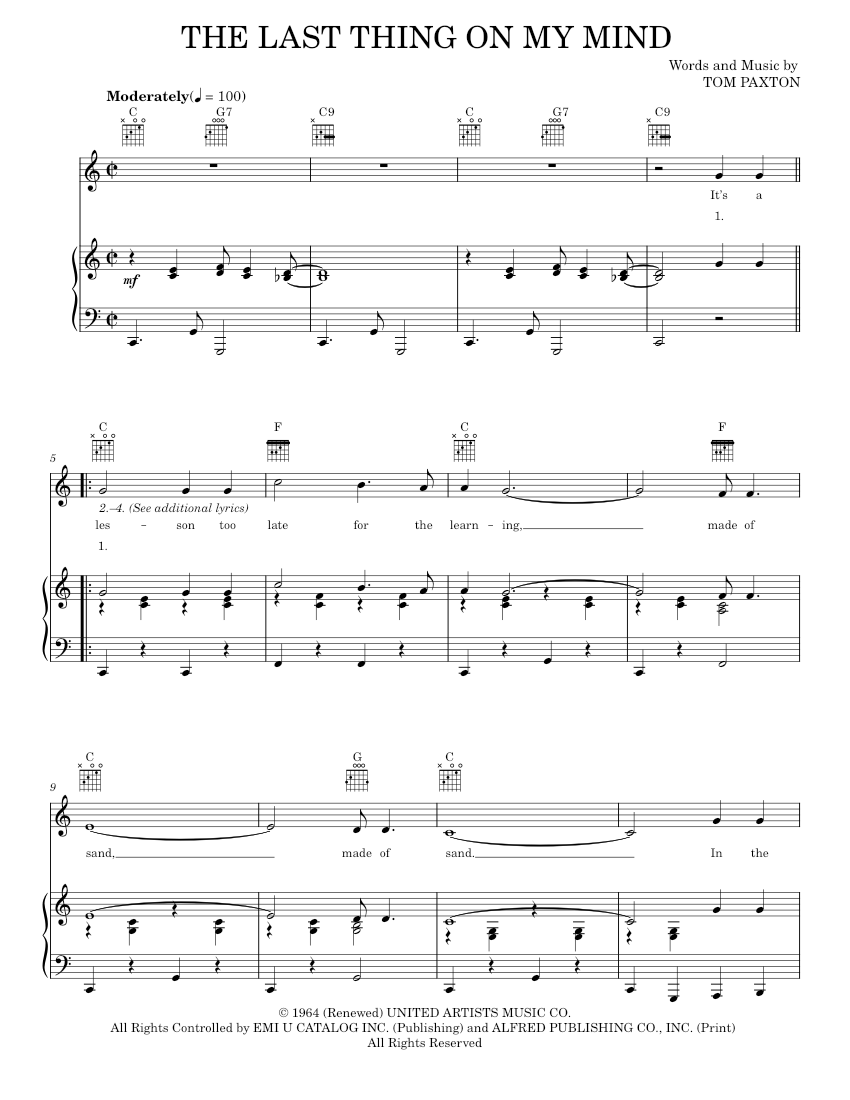 the last thing on my mind Sheet music for Piano, Vocals by Tom Paxton ...