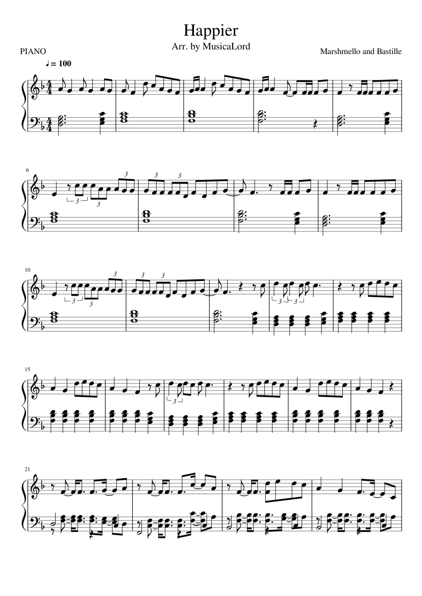 Marshmello (ft. Bastille) - Happier Sheet music for Piano (Solo ...