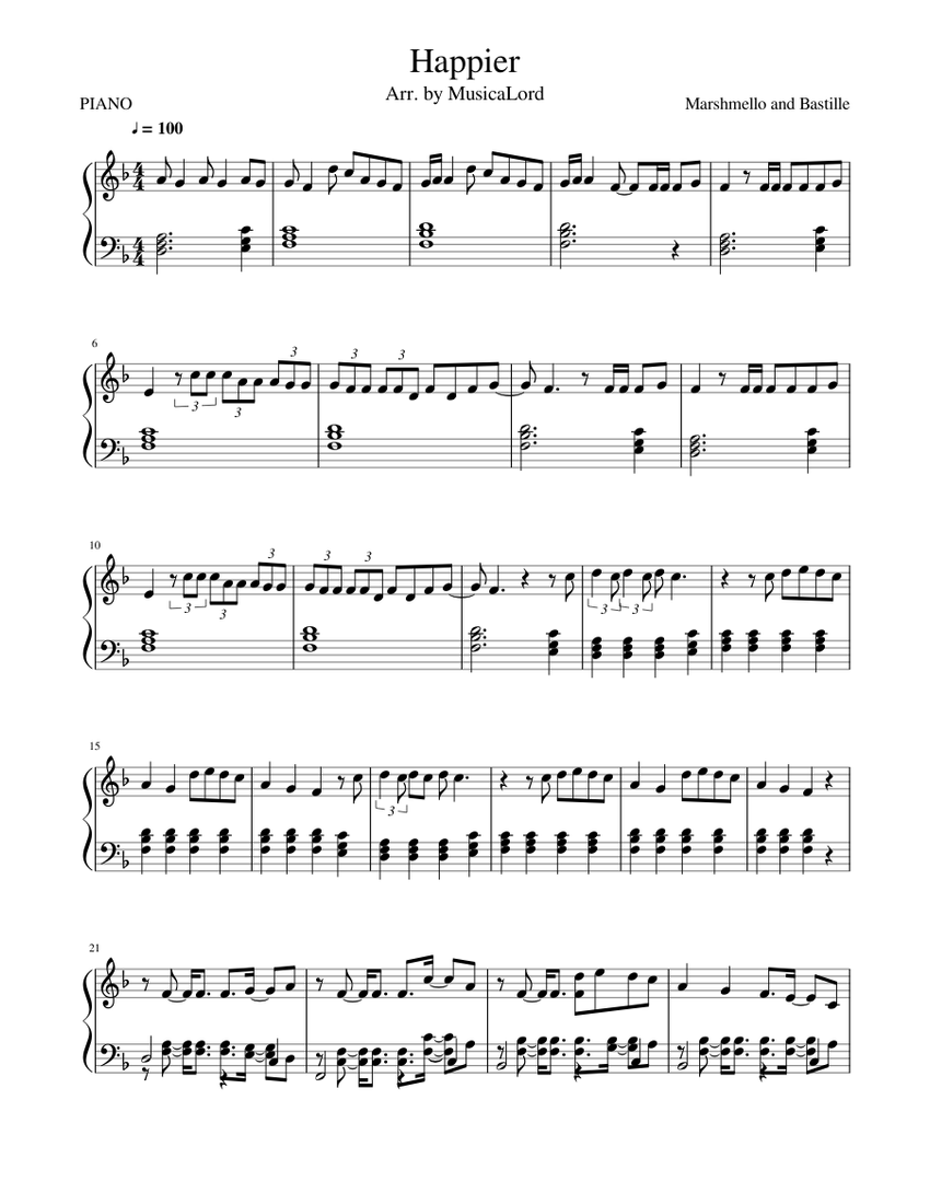 Marshmello (ft. Bastille) - Happier Sheet music for Piano (Solo) |  Musescore.com