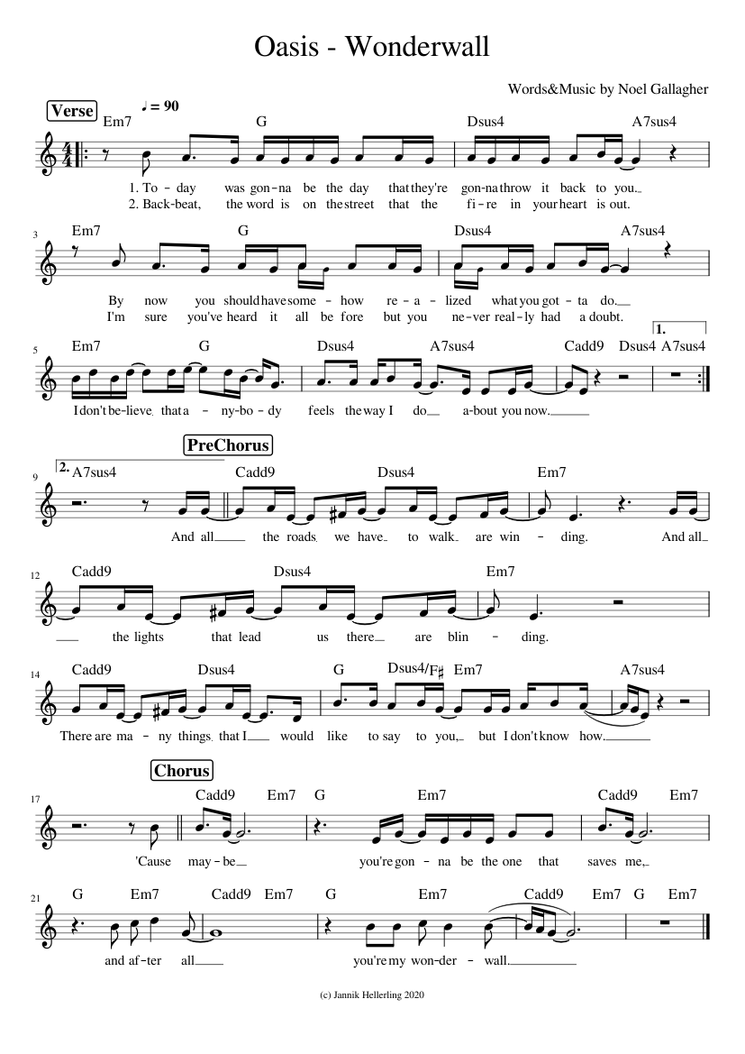 Wonderwall Sheet Music with Chords for Piano (Solo) easy | MuseScore.com