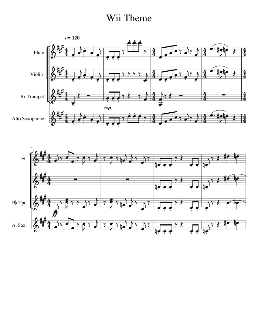 Wii Mii Theme Song Sheet music for Flute, Saxophone alto, Trumpet in  b-flat, Violin (Mixed Quartet) | Musescore.com