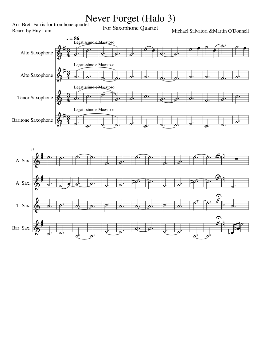 Never halo 3 sax quartet Sheet music for Saxophone alto