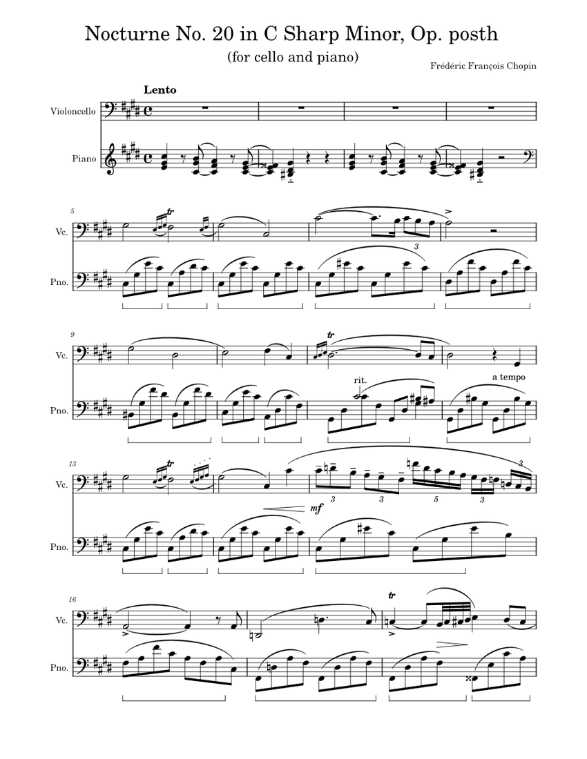 Nocturne No. 20 posth - Chopin Sheet music for Piano, Cello (Piano Duo) |  Musescore.com