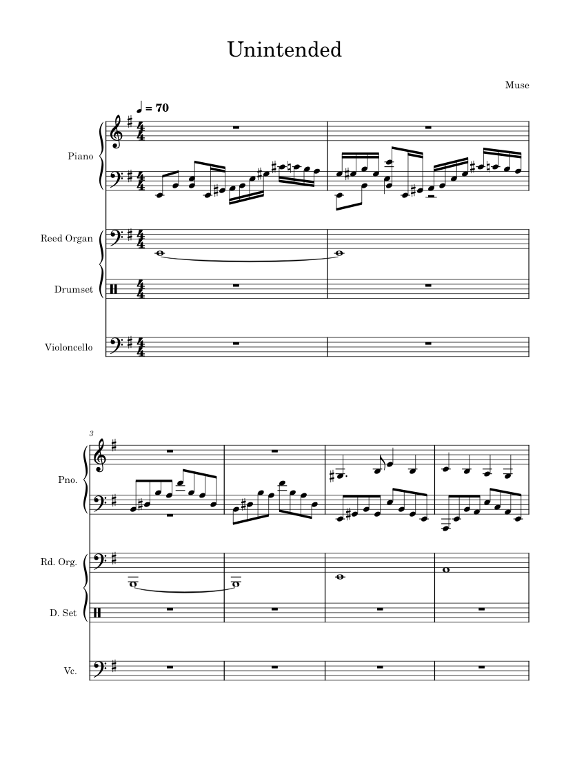 Unintended – Muse - Arrangement Sheet music for Piano, Organ, Cello, Drum  group (Mixed Ensemble) | Musescore.com