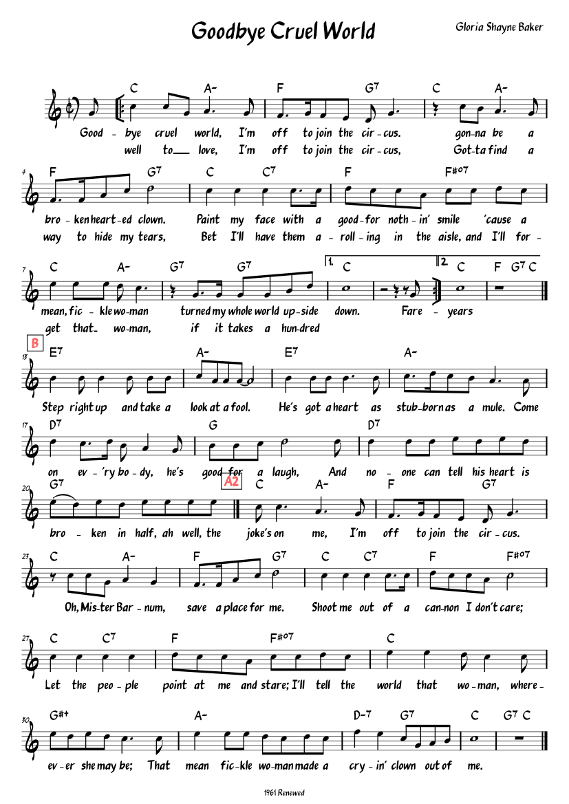 Goodbye Cruel World (Lead sheet with lyrics ) 楽譜 コード付き