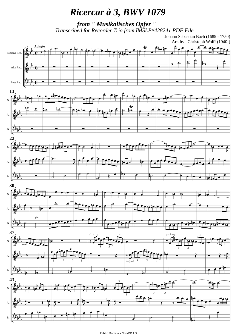 Bach, J. S. _ Ricercare a 3, BWV1079 [3 Recorders] Sheet music for ...